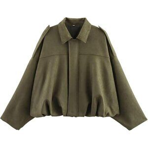 Women's Green Bomber Jacket Coat Streetwear Faux Fur Winter Warm Long Sleeves